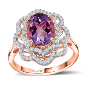 Premium Rose De France Amethyst and White Zircon Ring in Vermeil Rose Gold Over Sterling Silver (Size 5.0) 3.10 ctw