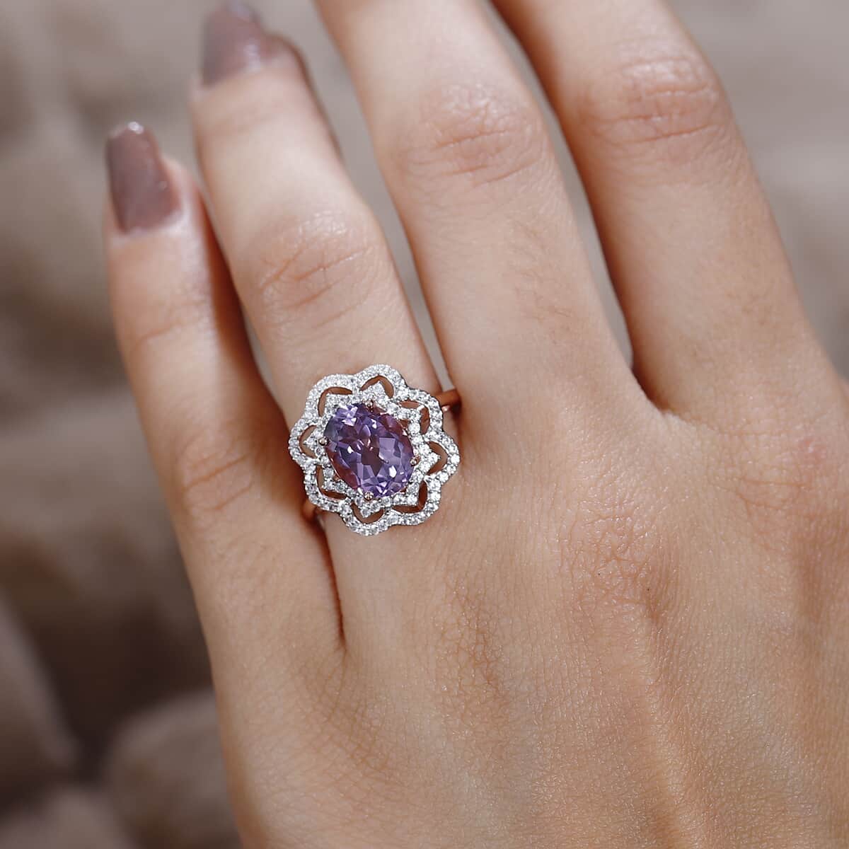 Premium Rose De France Amethyst and White Zircon Ring in Vermeil Rose Gold Over Sterling Silver (Size 7.0) 3.10 ctw image number 2