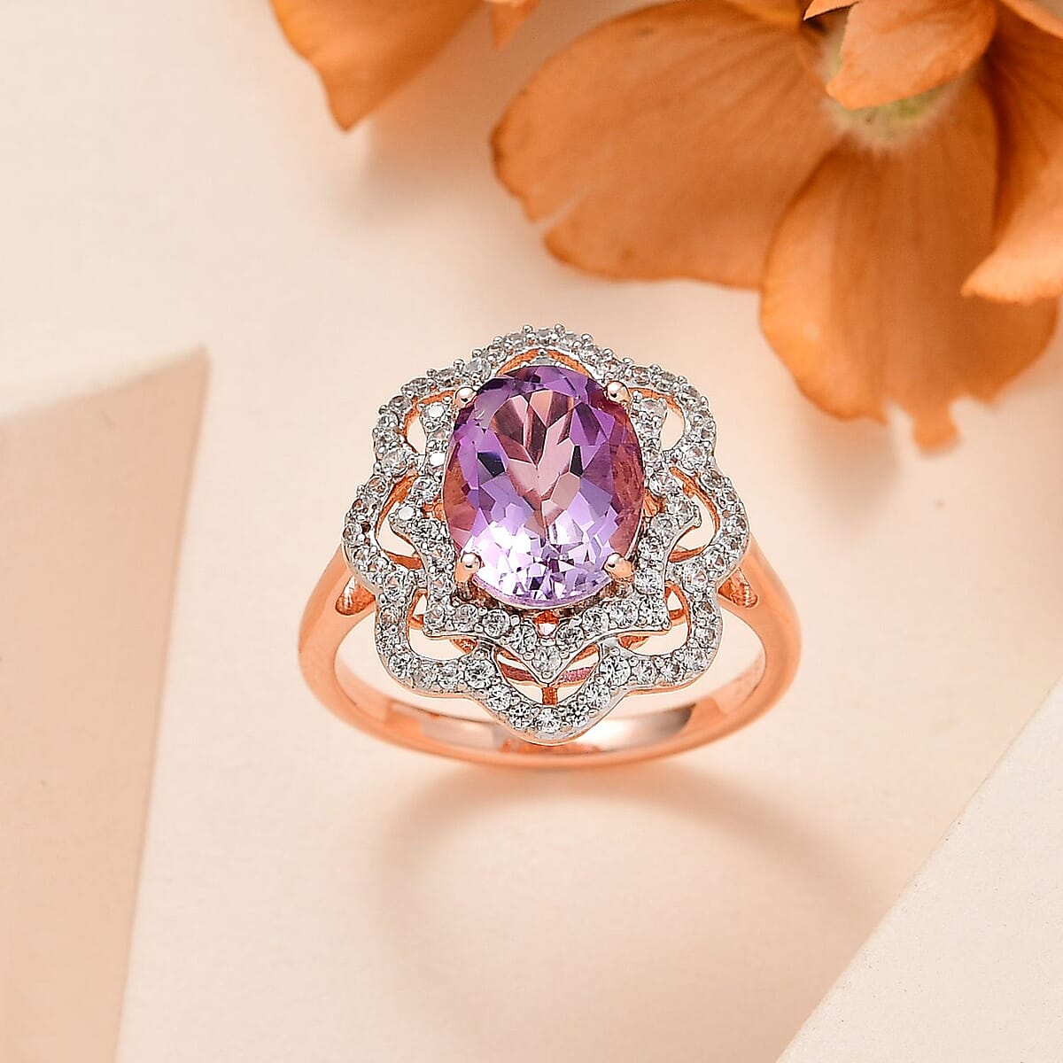 Premium Rose De France Amethyst and White Zircon Ring in Vermeil Rose Gold Over Sterling Silver (Size 9.0) 3.10 ctw image number 1
