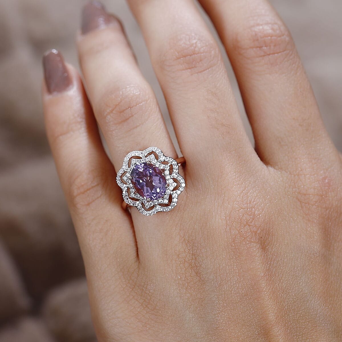 Premium Rose De France Amethyst and White Zircon Ring in Vermeil Rose Gold Over Sterling Silver (Size 9.0) 3.10 ctw image number 2