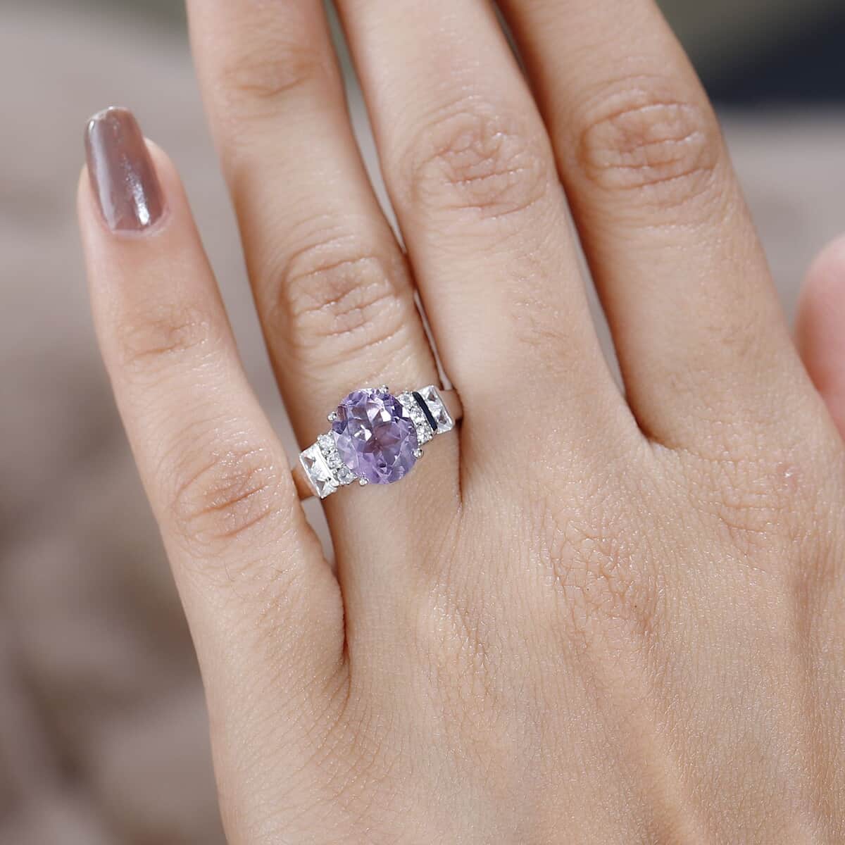 Premium Rose De France Amethyst and White Zircon Ring in Platinum Over Sterling Silver (Size 9.0) 3.10 ctw image number 2