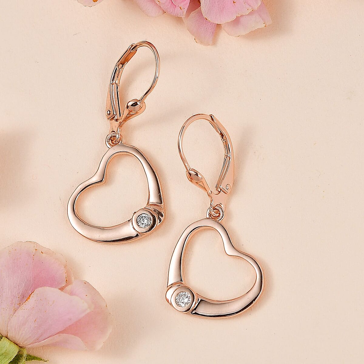 Moissanite Heart Lever Back Earrings in Vermeil Rose Gold Over Sterling Silver 0.10 ctw image number 1