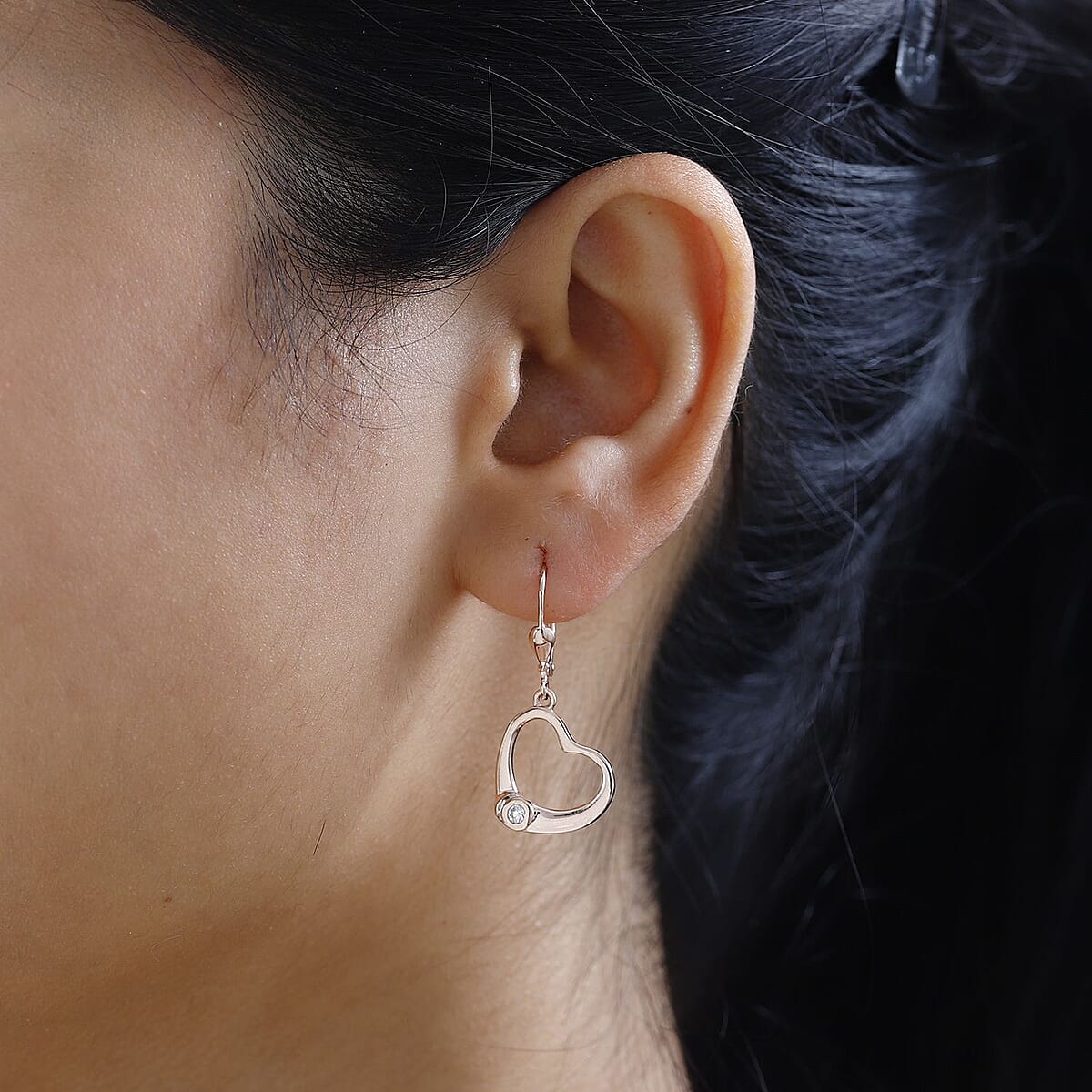 Moissanite Heart Lever Back Earrings in Vermeil Rose Gold Over Sterling Silver 0.10 ctw image number 2