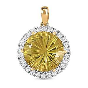 Green Gold Quartz and White Zircon 9.04 ctw Pendant in 18K Vermeil Yellow Gold Over Sterling Silver