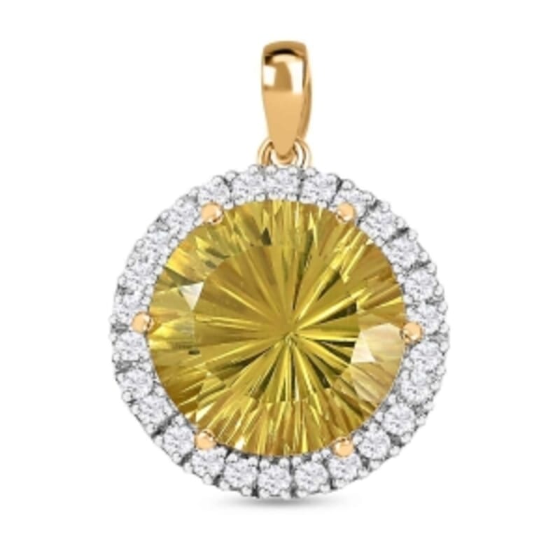 Green Gold Quartz and White Zircon 9.04 ctw Pendant in 18K Vermeil Yellow Gold Over Sterling Silver
