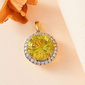 Green Gold Quartz and White Zircon 9.04 ctw Pendant in 18K Vermeil Yellow Gold Over Sterling Silver