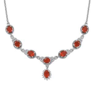 Crimson Fire Opal and White Zircon Halo Necklace 18-20 Inches in Platinum Over Sterling Silver 2.35 ctw
