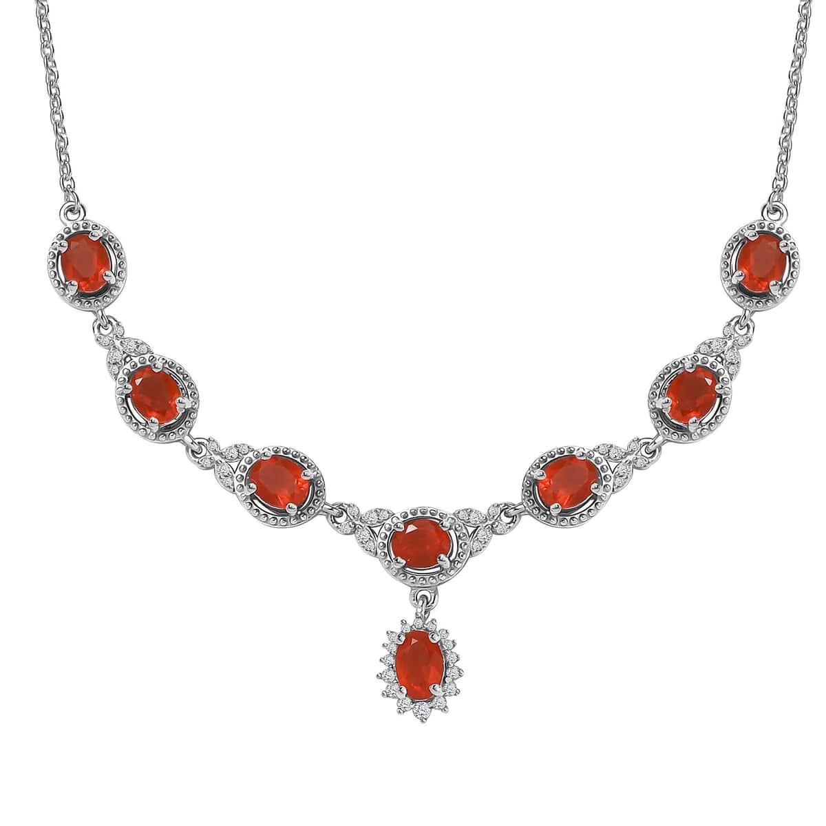Crimson Fire Opal and White Zircon Halo Necklace 18-20 Inches in Platinum Over Sterling Silver 2.35 ctw image number 0