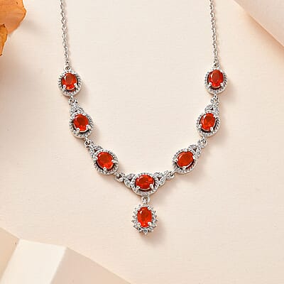 Crimson Fire Opal and White Zircon Halo Necklace 18-20 Inches in Platinum Over Sterling Silver 2.35 ctw