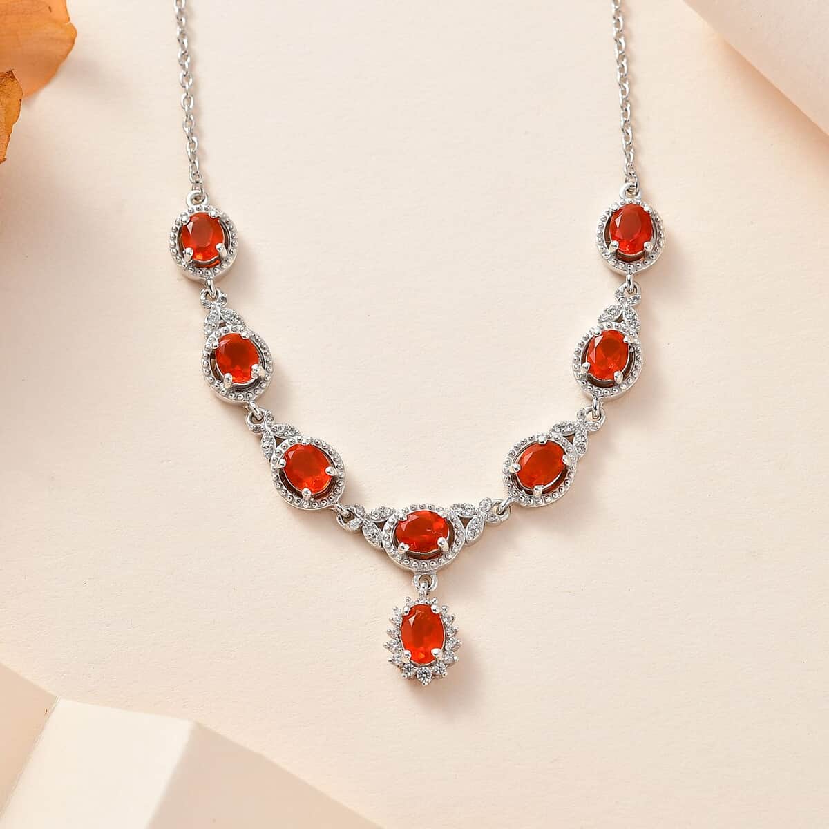 Crimson Fire Opal and White Zircon Halo Necklace 18-20 Inches in Platinum Over Sterling Silver 2.35 ctw image number 1