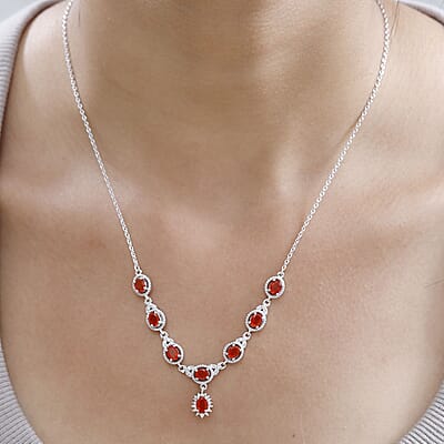 Crimson Fire Opal and White Zircon Halo Necklace 18-20 Inches in Platinum Over Sterling Silver 2.35 ctw