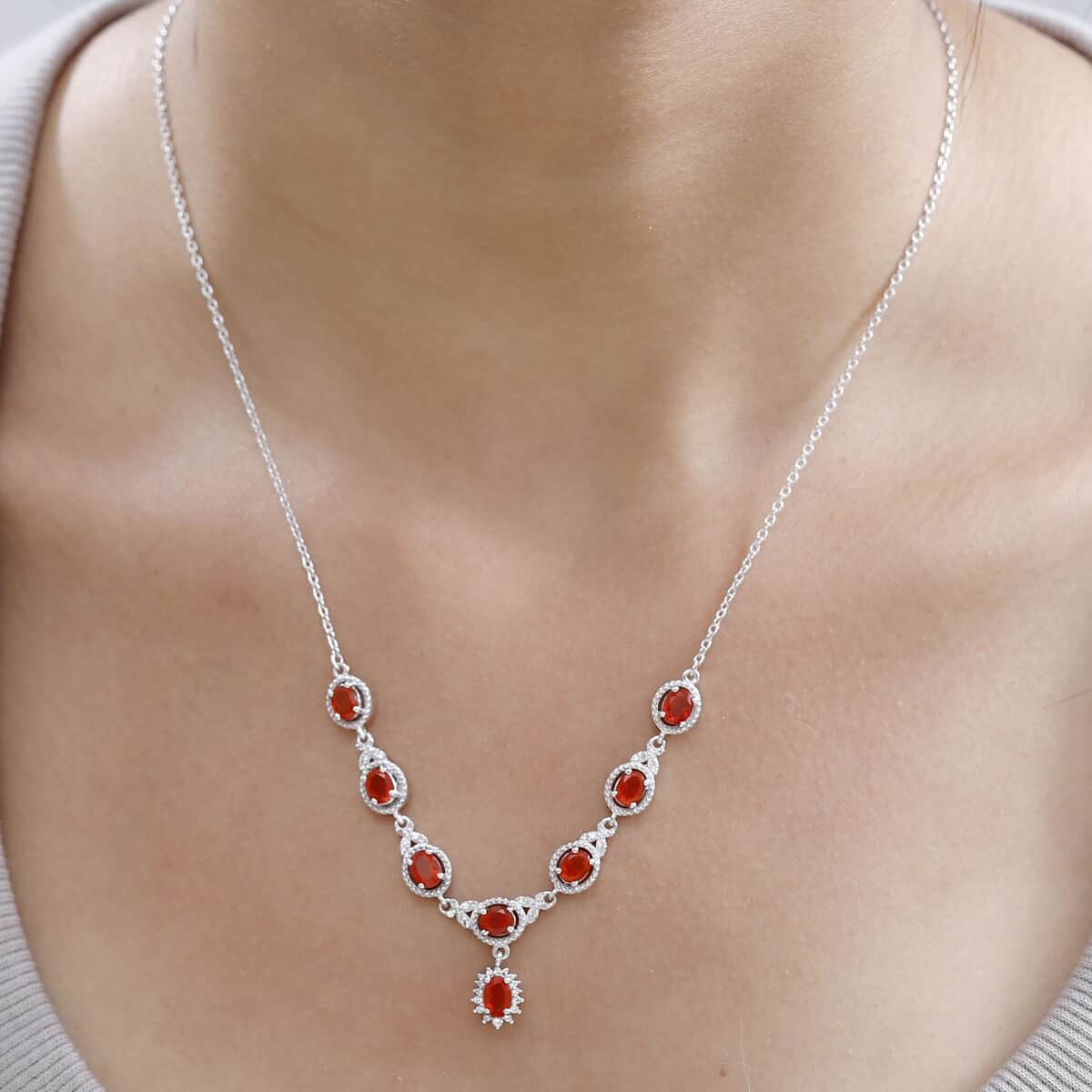 Crimson Fire Opal and White Zircon Halo Necklace 18-20 Inches in Platinum Over Sterling Silver 2.35 ctw image number 2