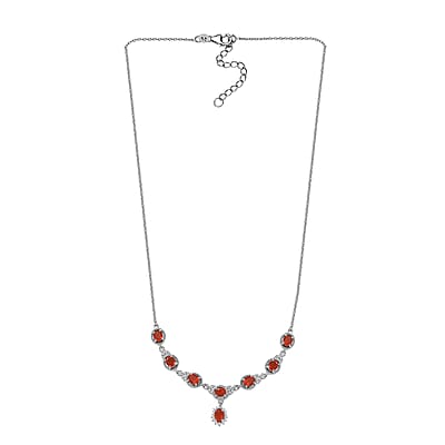 Crimson Fire Opal and White Zircon Halo Necklace 18-20 Inches in Platinum Over Sterling Silver 2.35 ctw