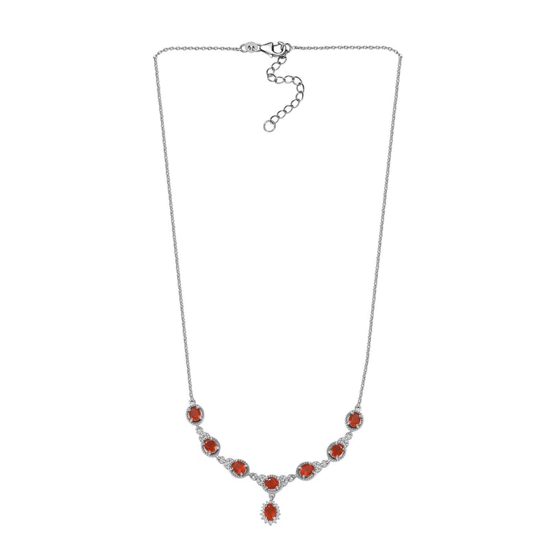 Crimson Fire Opal and White Zircon Halo Necklace 18-20 Inches in Platinum Over Sterling Silver 2.35 ctw