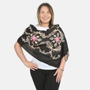 Tamsy Black Floral Embroidered 100% Viscose Scarf