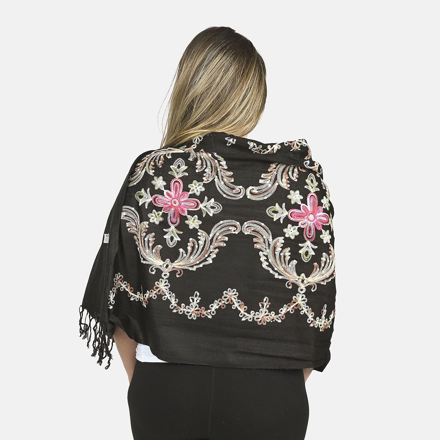 Tamsy Black Floral Embroidered 100% Viscose Scarf