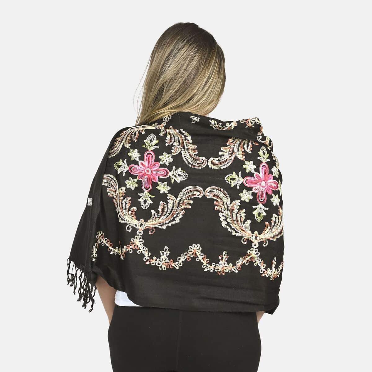 Tamsy Black Floral Embroidered 100% Viscose Scarf image number 1