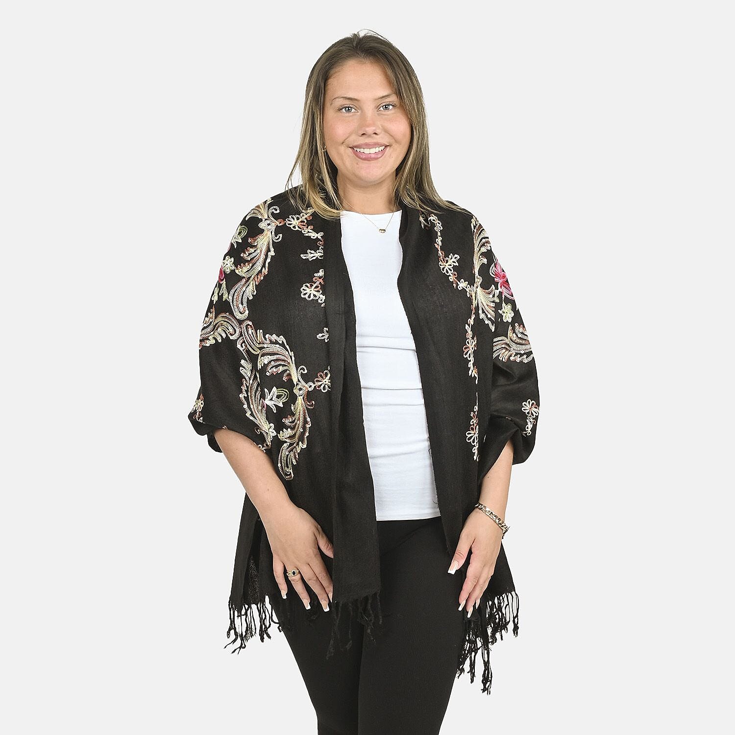 Tamsy Black Floral Embroidered 100% Viscose Scarf