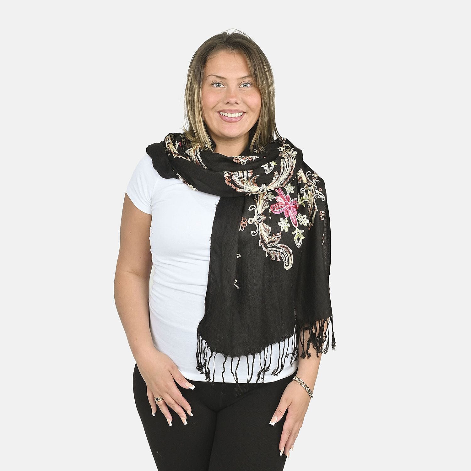 Tamsy Black Floral Embroidered 100% Viscose Scarf