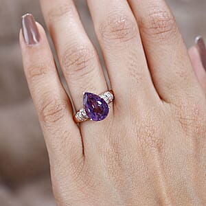 Premium Rose De France Amethyst and Diamond Ring in Vermeil Rose Gold Over Sterling Silver (Size 7.0) 3.85 ctw