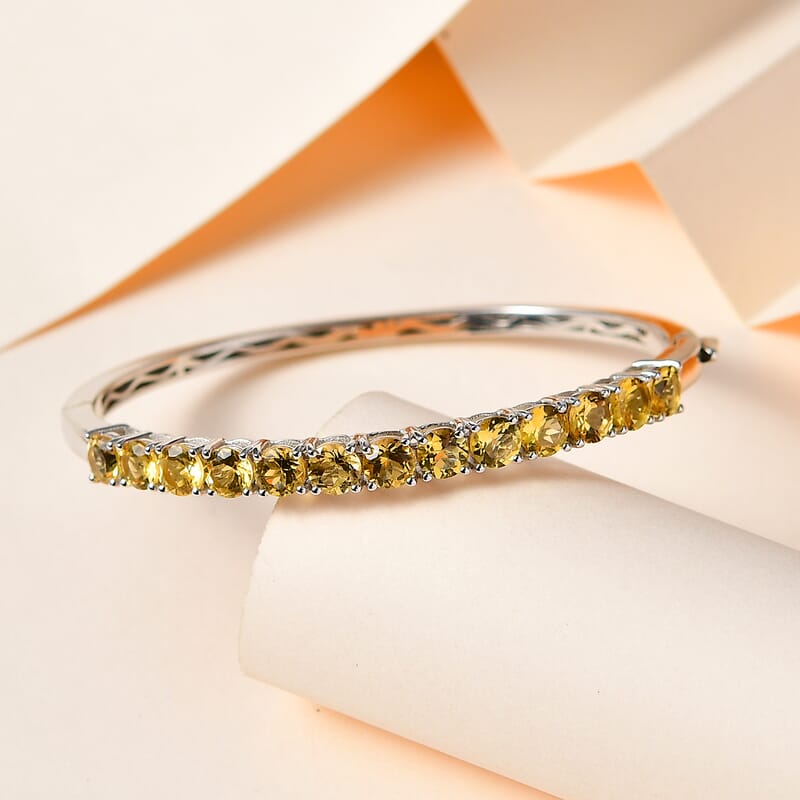 Brazilian Heliodor Bangle Bracelet in Platinum Over Sterling Silver (6.50 In) 6.10 ctw