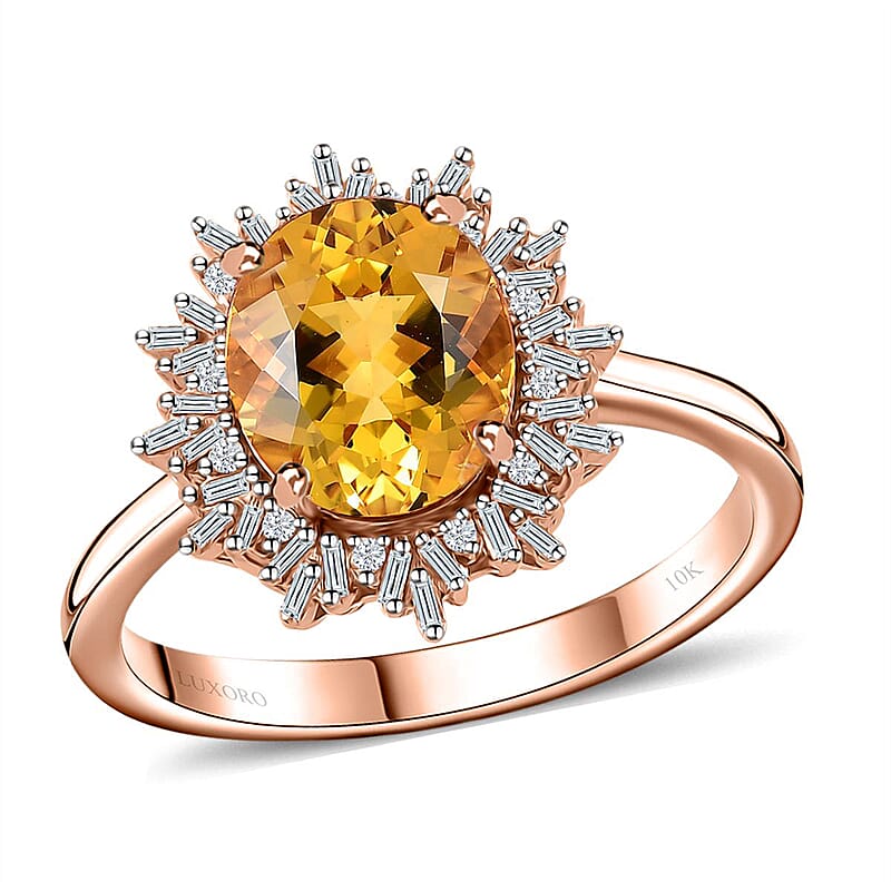 Luxoro 10K Rose Gold Premium Brazilian Heliodor and G-H I2 Diamond Sunburst Ring (Size 10.0) 2.50 ctw