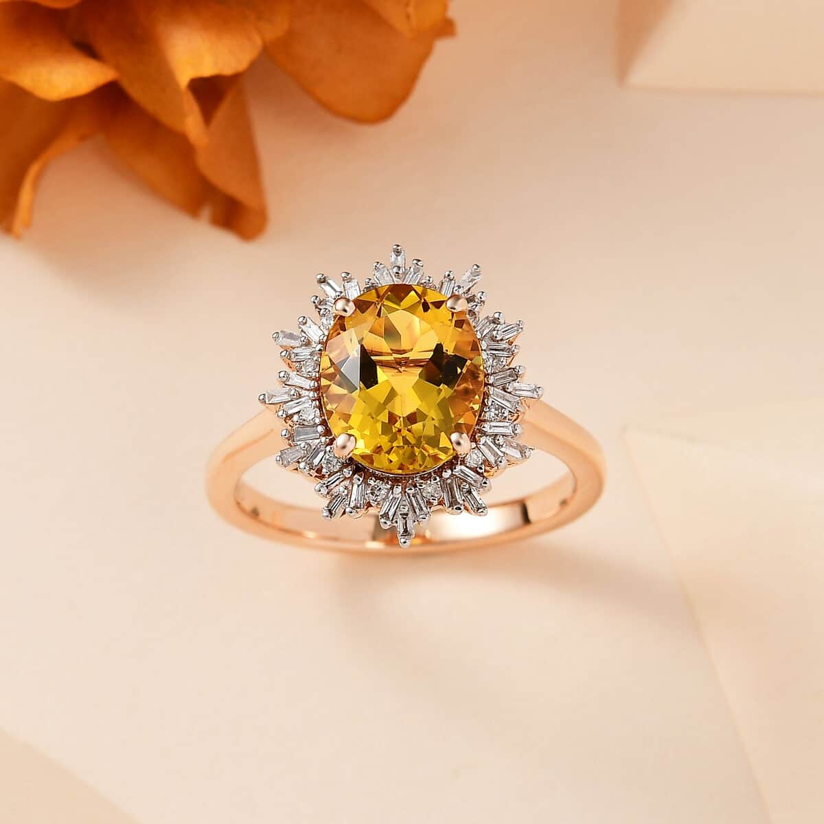 Luxoro 10K Rose Gold Premium Brazilian Heliodor and G-H I2 Diamond Sunburst Ring (Size 10.0) 2.50 ctw image number 1