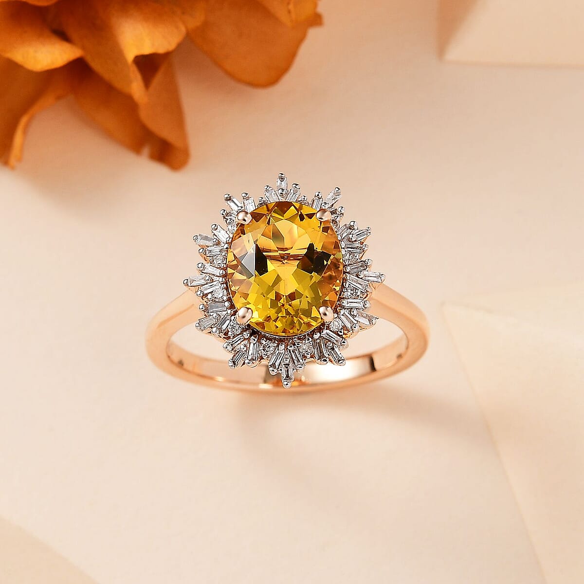 Luxoro Premium Brazilian Heliodor and G-H I2 Diamond 2.50 ctw Sunburst Ring in 10K Rose Gold (Size 8.0) image number 1
