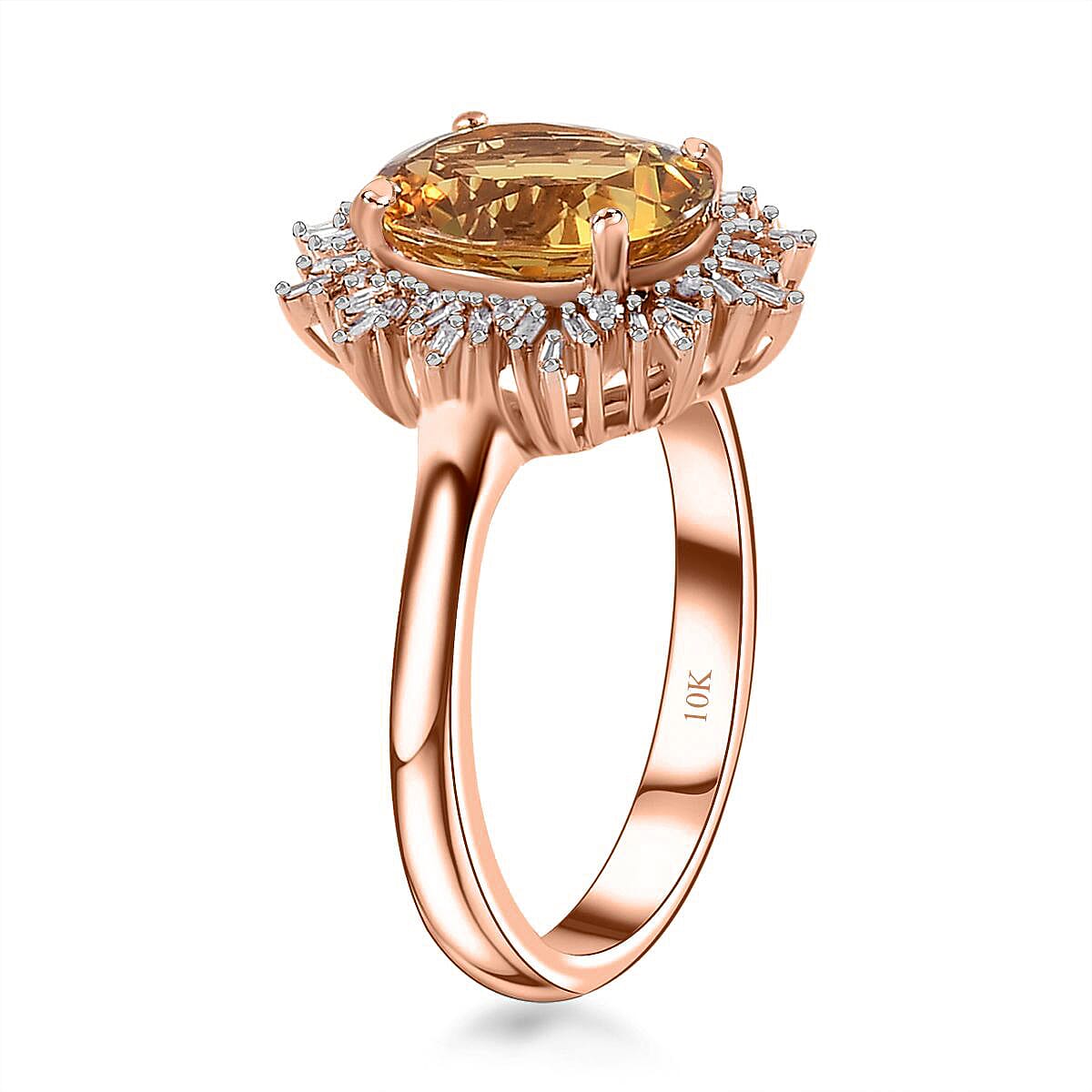 Luxoro Premium Brazilian Heliodor and G-H I2 Diamond 2.50 ctw Sunburst Ring in 10K Rose Gold (Size 8.0) image number 3