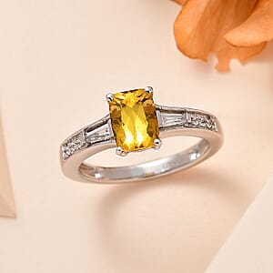Brazilian Heliodor and White Zircon Ring in Platinum Over Sterling Silver (Size 7.0) 1.70 ctw