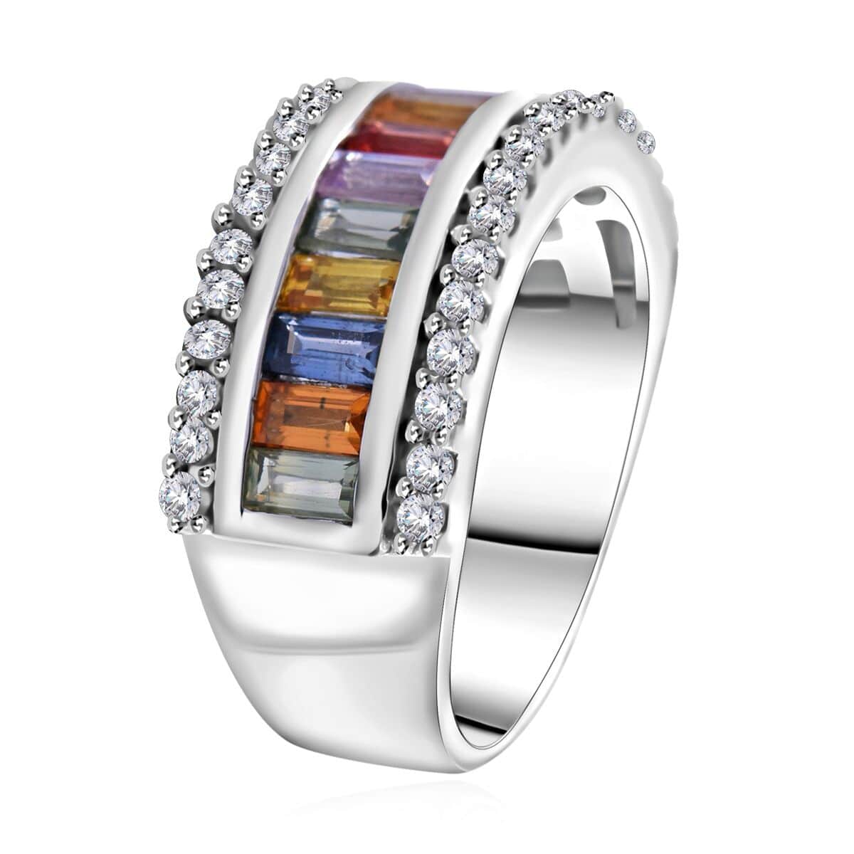 Multi Sapphire, White Zircon Ring in Platinum Over Sterling Silver (Size 10.0) 3.15 ctw image number 2