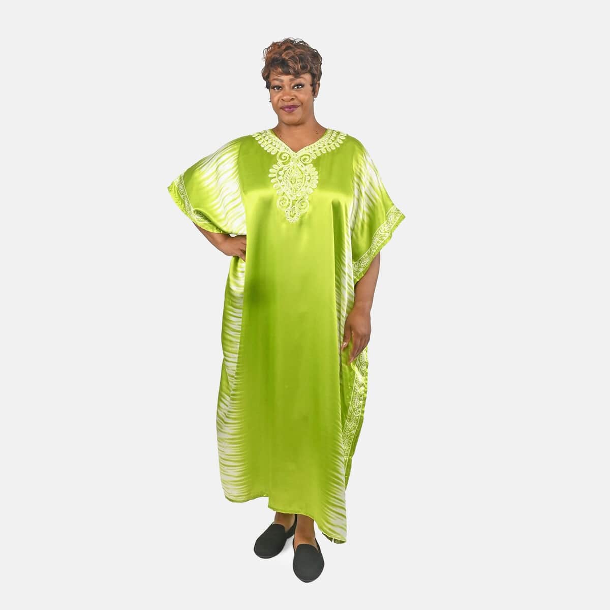 Winlar Citrine Color Embroidered Long Satin Kaftan - One Size Fits Most image number 0