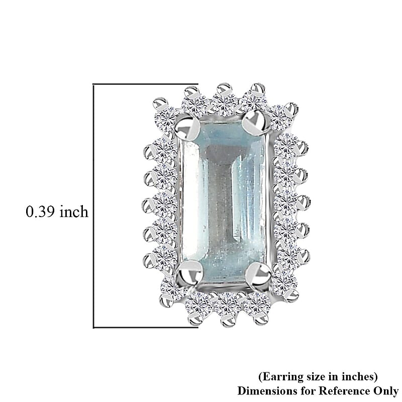 Aqua Kyanite and White Zircon Halo Stud Earrings in Platinum Over Sterling Silver 1.10 ctw
