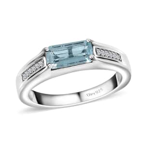 Aqua Kyanite and Moissanite Ring in Platinum Over Sterling Silver (Size 6.0) 1.10 ctw