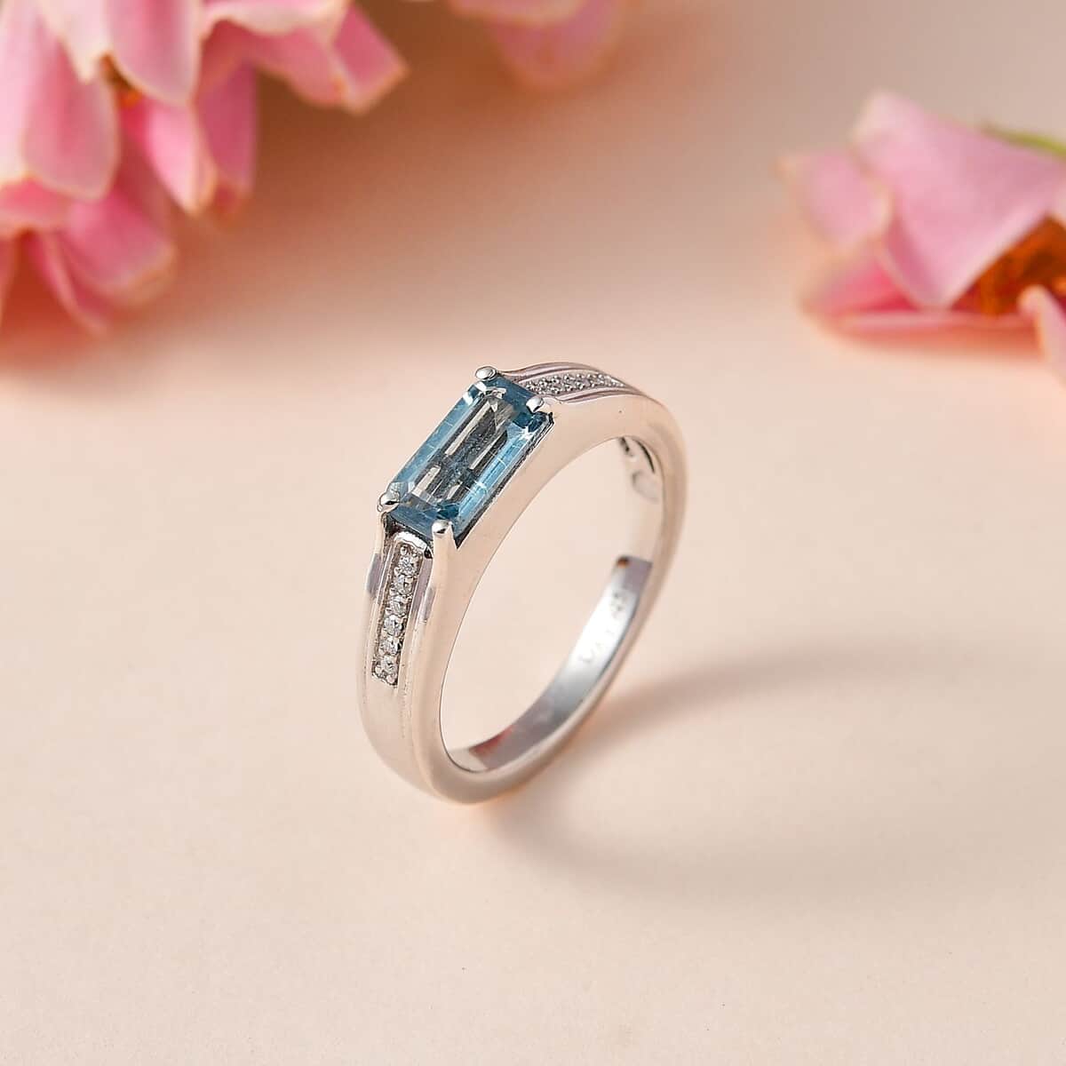 Aqua Kyanite and Moissanite Ring in Platinum Over Sterling Silver (Size 6.0) 1.10 ctw image number 1