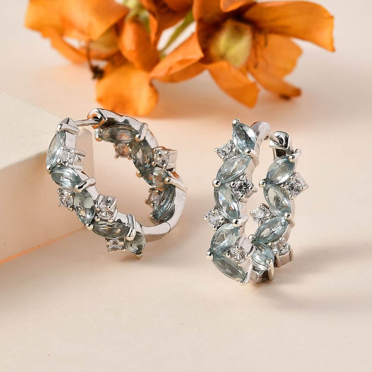 Aqua Kyanite and White Zircon Hoop Earring in Platinum Over Sterling Silver 7.00 ctw image number 1