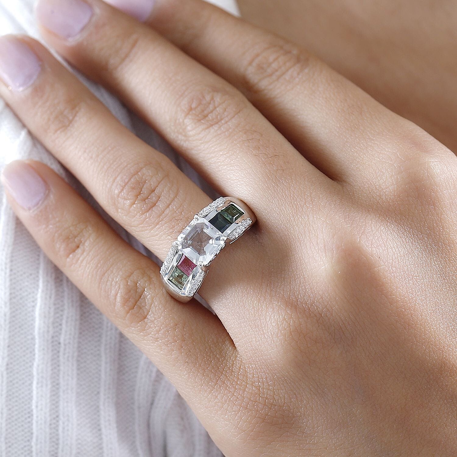 Mexican Hyalite Opal and Multi Gemstone Bridge Ring in Platinum Over Sterling Silver (Size 10.0) with Free UV Flash Light 3.35 ctw