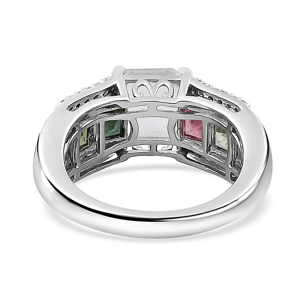 Mexican Hyalite Opal and Multi Gemstone Bridge Ring in Platinum Over Sterling Silver (Size 10.0) with Free UV Flash Light 3.35 ctw