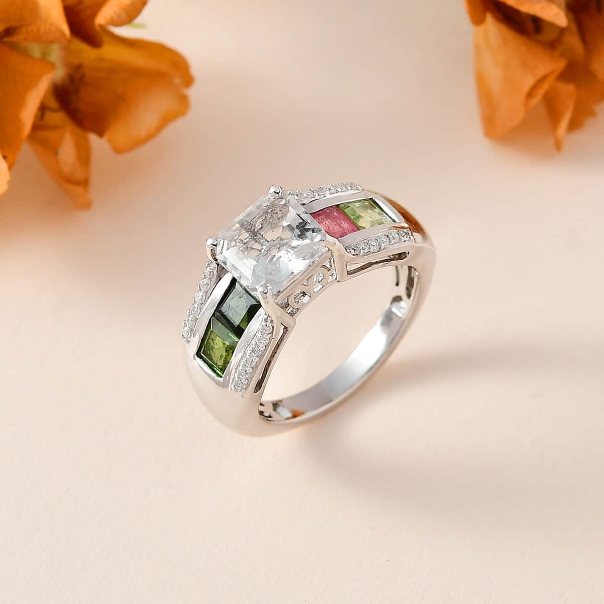 Mexican Hyalite Opal and Multi Gemstone Bridge Ring in Platinum Over Sterling Silver (Size 7.0) with Free UV Flash Light 3.35 ctw image number 1