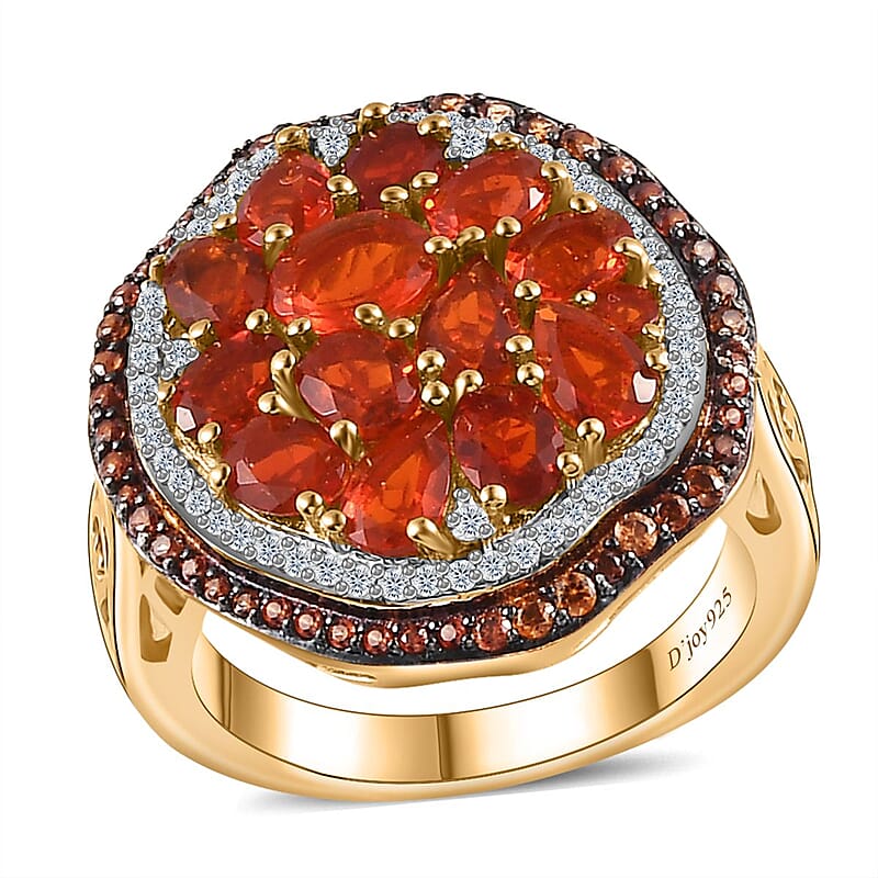 Crimson Fire Opal, Brown and White Zircon Sea Pebble Ring in Vermeil Yellow Gold Over Sterling Silver (Size 10.0) 2.70 ctw