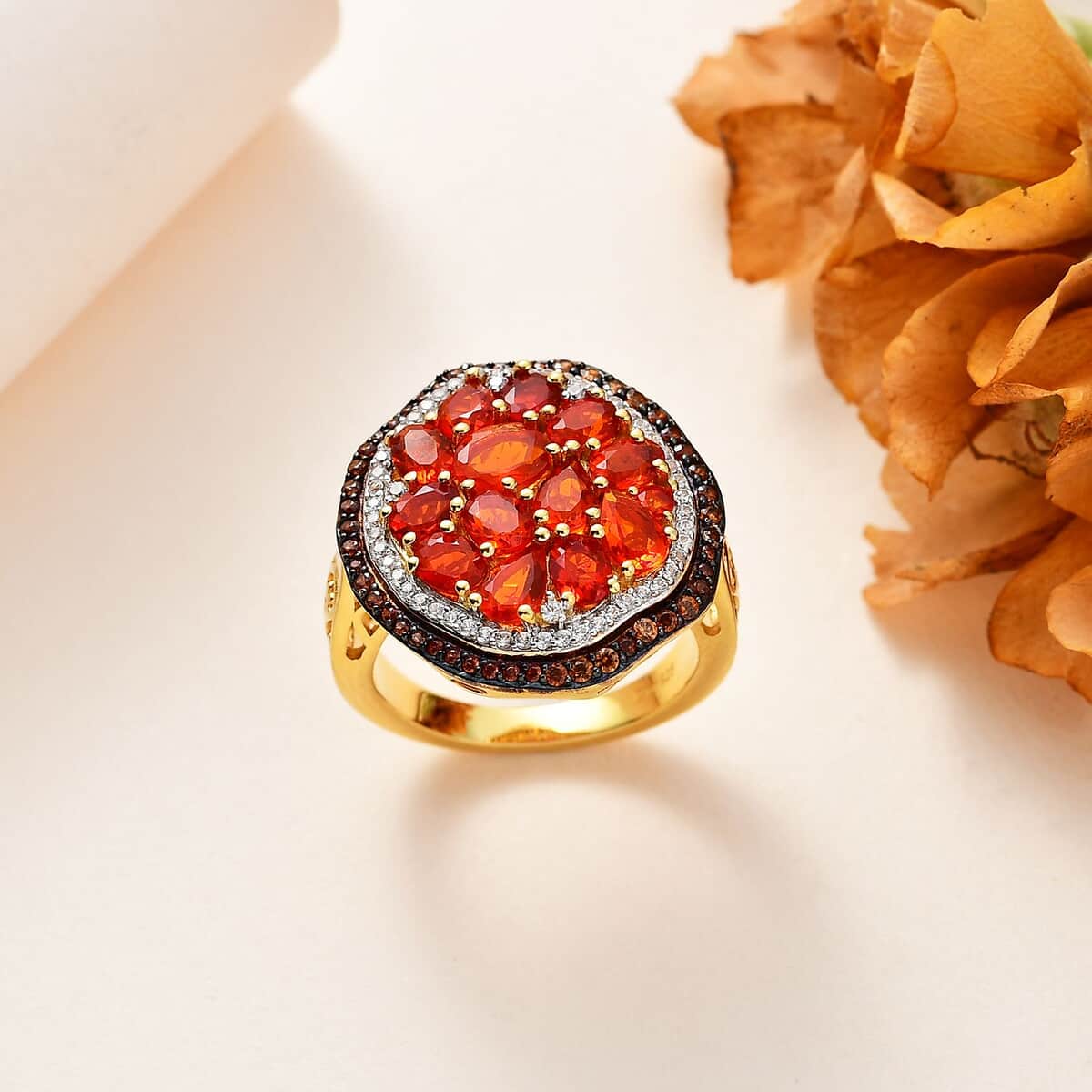 Crimson Fire Opal, Brown and White Zircon Ring in Vermeil Yellow Gold Over Sterling Silver (Size 10.0) 2.70 ctw image number 1