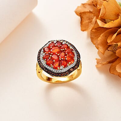 Crimson Fire Opal, Brown and White Zircon Sea Pebble Ring in Vermeil Yellow Gold Over Sterling Silver (Size 10.0) 2.70 ctw