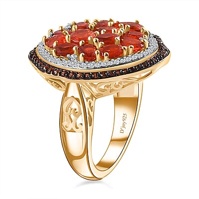 Crimson Fire Opal, Brown and White Zircon Sea Pebble Ring in Vermeil Yellow Gold Over Sterling Silver (Size 10.0) 2.70 ctw