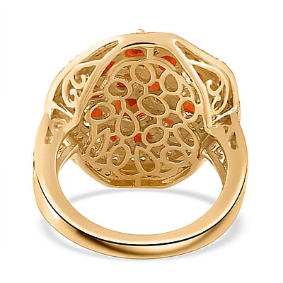 Crimson Fire Opal, Brown and White Zircon Sea Pebble Ring in Vermeil Yellow Gold Over Sterling Silver (Size 10.0) 2.70 ctw