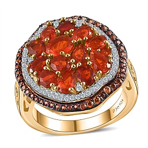 Crimson Fire Opal, Brown and White Zircon Sea Pebble Ring in Vermeil Yellow Gold Over Sterling Silver (Size 6.0) 2.70 ctw