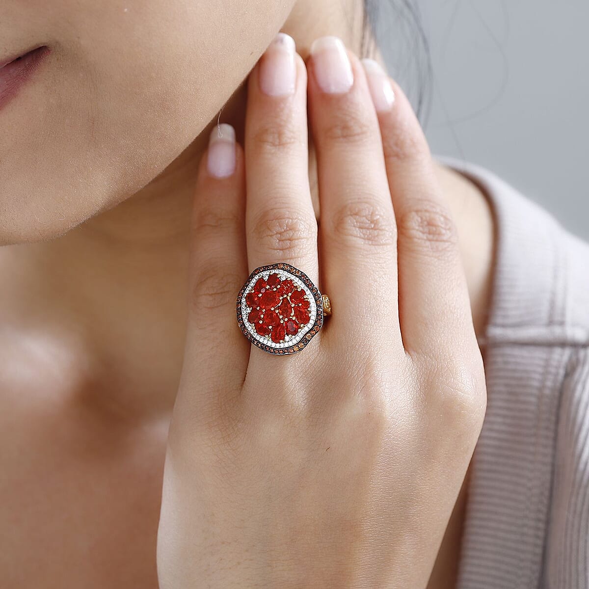 D'Joy Crimson Fire Opal, Brown and White Zircon Sea Pebble Ring in Vermeil Yellow Gold Over Sterling Silver (Size 7.0) 2.70 ctw image number 2