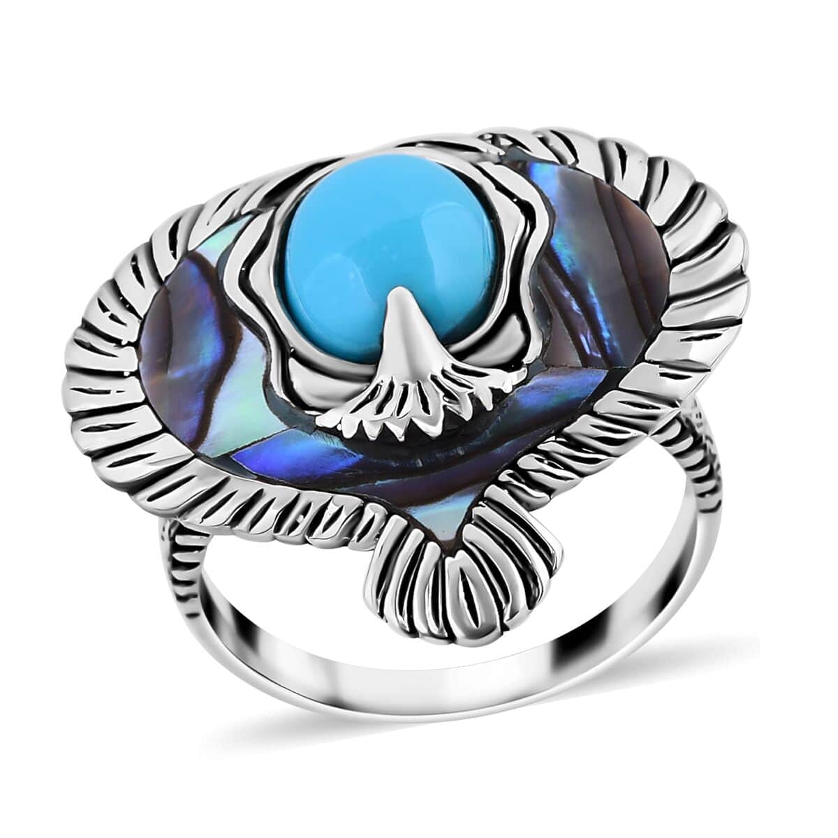 Bali Legacy Sleeping Beauty Turquoise and Abalone Shell Eagle Ring in Sterling Silver (Size 10.0) 3.00 ctw image number 0