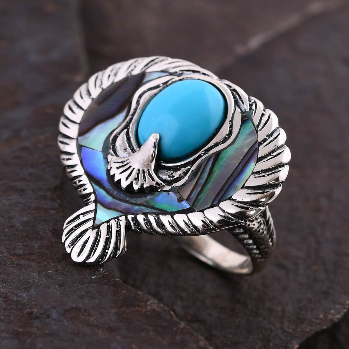 Bali Legacy Sleeping Beauty Turquoise and Abalone Shell Eagle Ring in Sterling Silver (Size 10.0) 3.00 ctw image number 1
