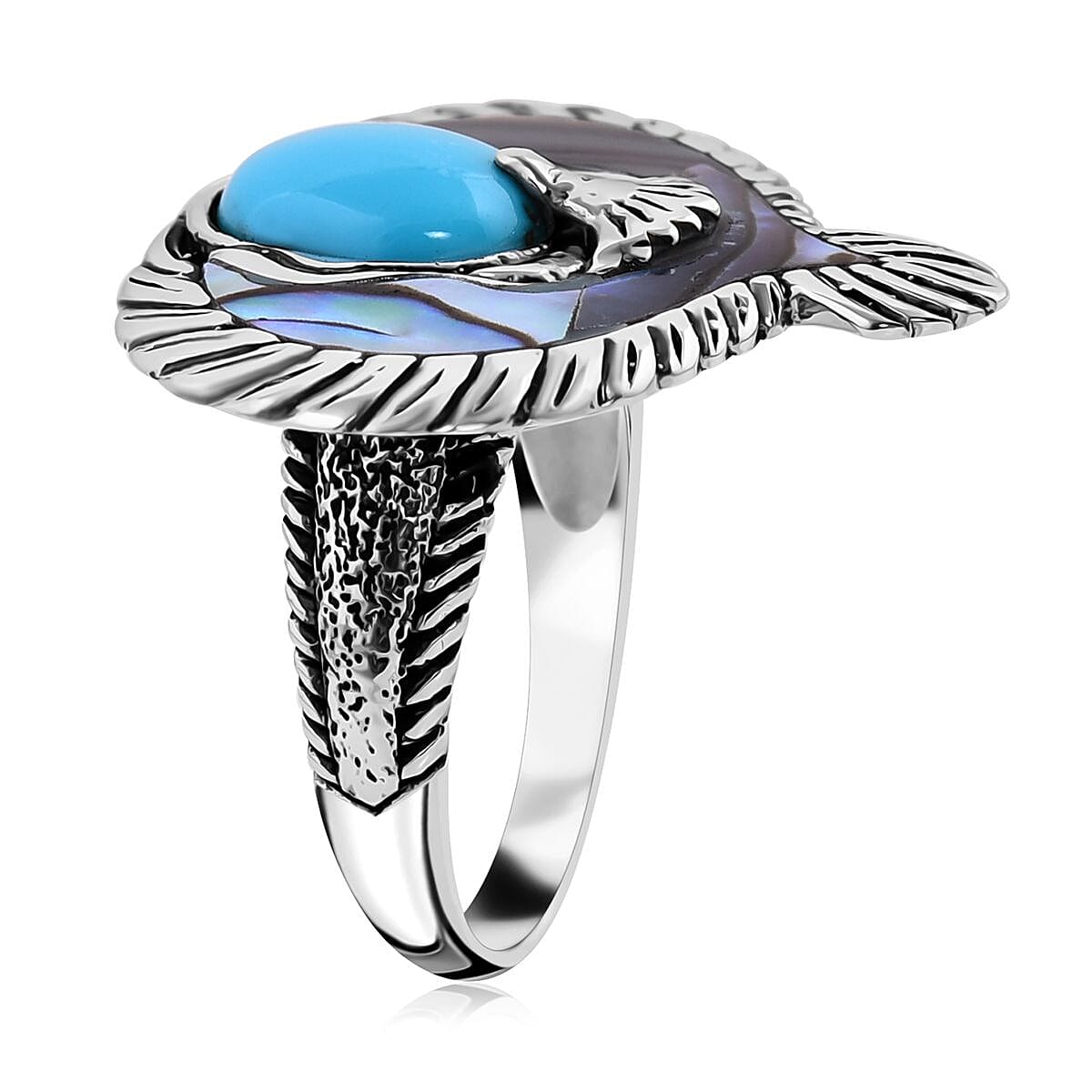 Bali Legacy Sleeping Beauty Turquoise and Abalone Shell Eagle Ring in Sterling Silver (Size 7.0) 3.00 ctw image number 3