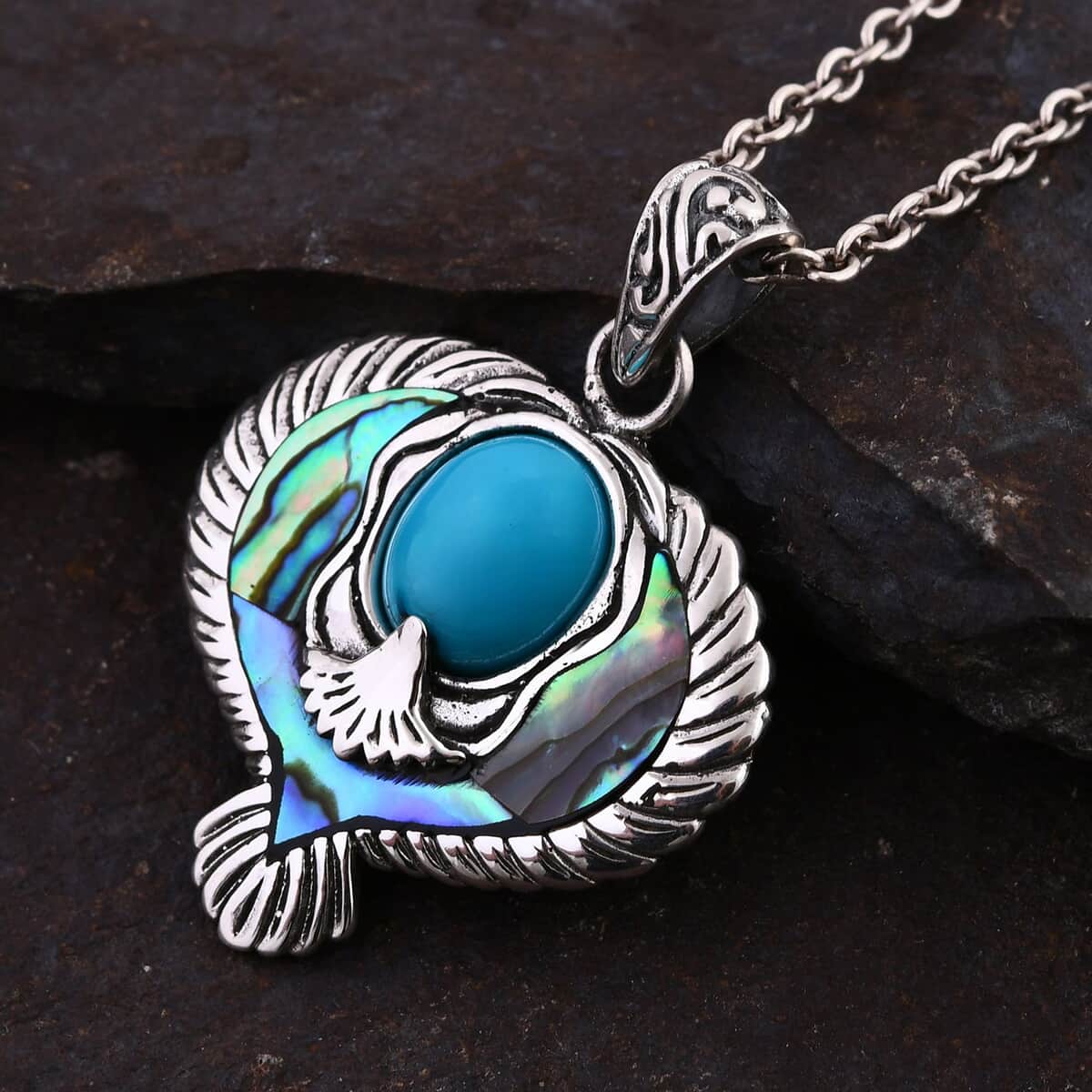 Bali Legacy Sleeping Beauty Turquoise and Abalone Shell Eagle Pendant in Sterling Silver 3.00 ctw image number 1